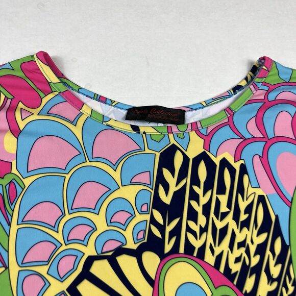 Pleats Collection Psychedelic Printed Top Short Sleeve Zip Accent M/L No Tags - Picture 4 of 11